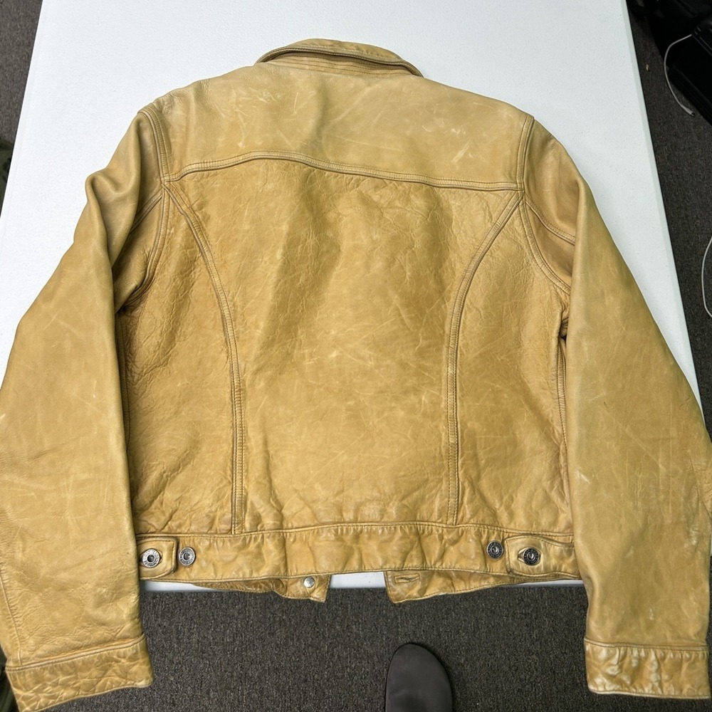 Gap Leather Trucker Jacket Womens XL Yellow Tan Button Front Vintage Style G2 - Picture 5 of 5